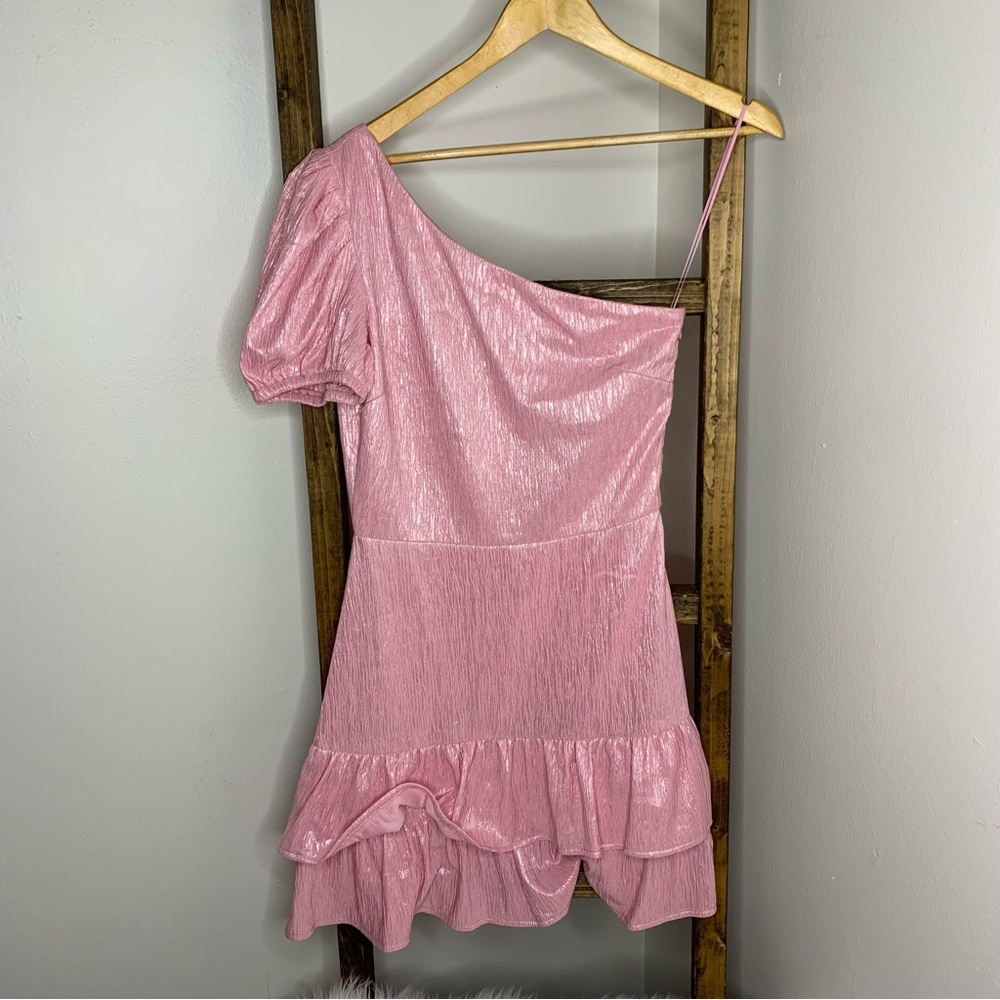 VOY Pink One-Shoulder Ruffle Dress Size S